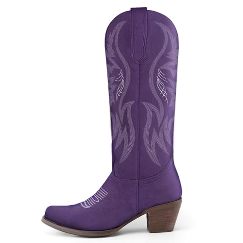 Image of KaroNairy Women Cowboy Boots Faux Suede Embroidered Pointed Thick Heeled Western Wide Calf Cowgirl Ponited Toe Mid Calf Boots