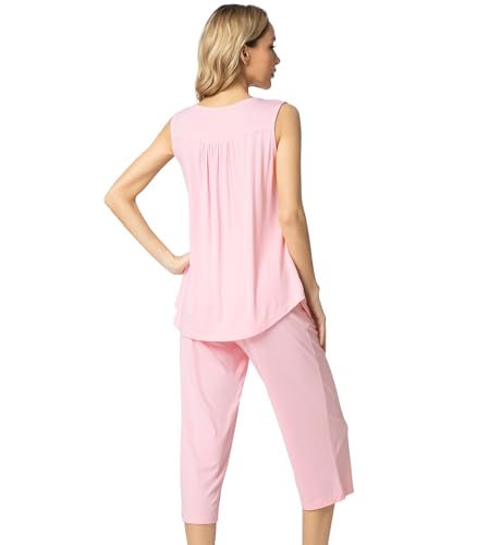 Image of NACHILA Pajamas for Women-Viscose Made from Bamboo, Sleeveless Pjs Top and Capri Pants Pajama Set Cool Pleated Sleepwear