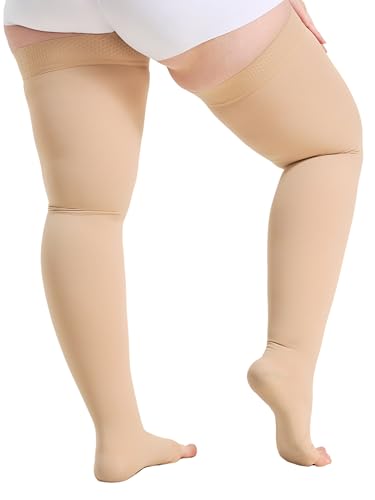 Image of Plus Size 5XL Thigh High Open Toe Compression Stockings 15-20mmHg for Men and Women, Thigh High Length, Dot-Top, Open Toe, Beige