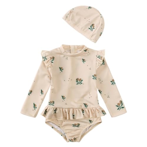 LOOLY Baby Girls Long Sleeve Floral Printed Ruffle One Piece Swimsuit with Hat Beige 80