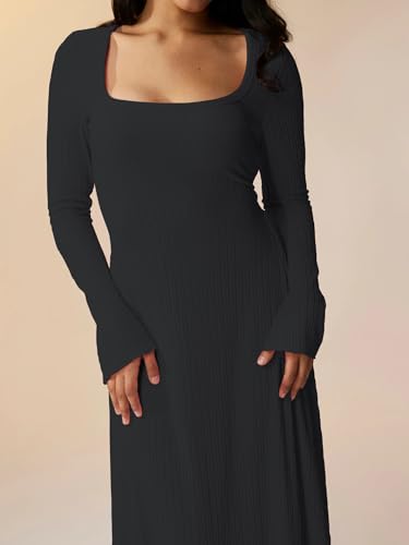 Image of Shasmi Women's Square Neck A-Line Dress - Long Sleeve, Tie Waist, Knitted Stretchable, Casual & Office Outfit, Solid Winter Midi Dress for Women (Dress 221)