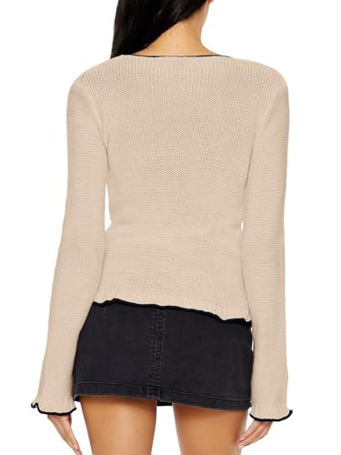 Casual Women's Cardigan with 3 Buttons Placket & Bell Sleeves, Color Block Long Knit Cover Up for Fall, [S-XXL]3