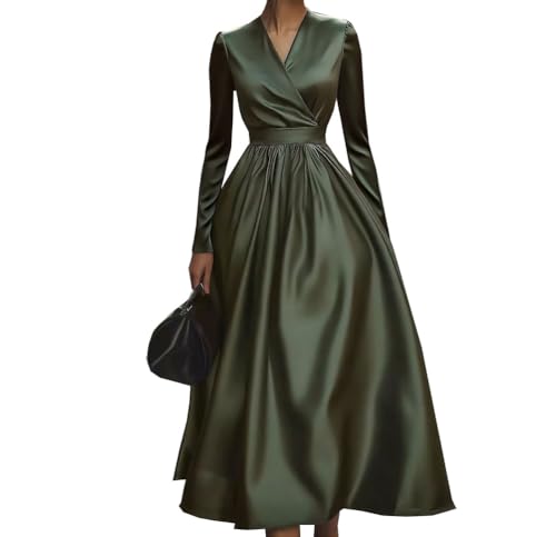 Generisch Schwarz,M, Damen PU-Leder Sexy Lässig Langarm V-Ausschnitt Lang Skinny Kleid Maxi DS Nachtclub Bühne Kostüm