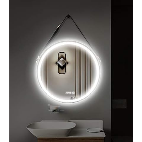 Round  LED Bathroom Mirror - Black Circle 80CM Wall Mirror with Illuminated Led Light Aluminum Alloy Frame with Adjustable Hanging Leather Strap for Bedroom Bathroom Living Room Entryway Vanity Cover