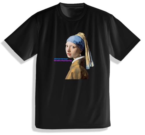 Tシャツ フェルメール 真珠の耳飾りの少女 Clear【世界の名画】 シャツ レディース メンズ ユニセックス キッズ ☆バロック☆ 少女 陰影 光と art 絵画 芸術 名画 お洒落 アパレル 綿素材 個性(ブラック, M)
