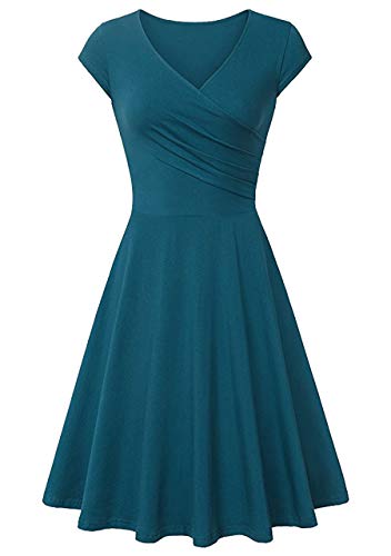 OMZIN Womens Summer Wrap V Neck Retro Cocktail Swing Dress A-Line Cap Sleeve Flared Midi Dress Turquoise L