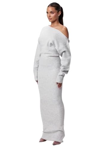 Soft Knit Sweater Dress, Women's Winter Off Shoulder Bodycon Sweater Dress, Women's Sexy Elegant Off Shoulder Sweater Dress (US, Alpha, Medium, Regular, Regular, Grey)