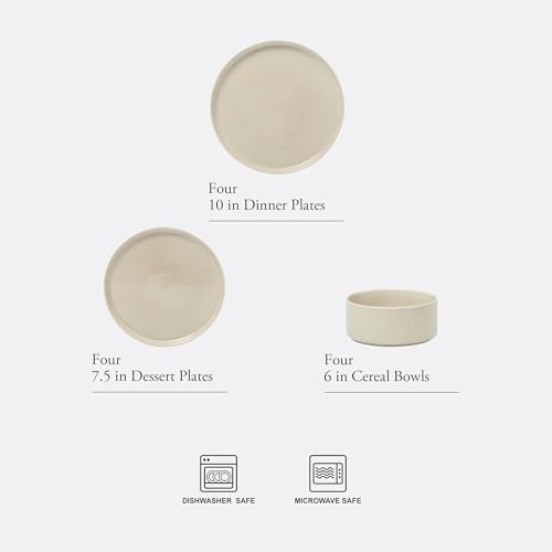Image of Gibson Elite Solana Coast 12 Piece Stoneware Reactive Glaze (Service for 4) Ceramic Plates and Bowls Modern Shape Embossed Dinnerware Set - Cream White