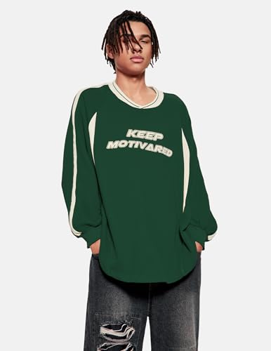 Vamtac Letter Graphic Crewneck Sweatshirts for Men Vintage Color Blocking Long Sleeve Casual Pullover Top
