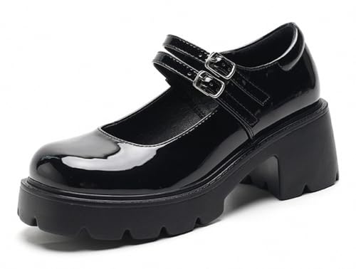 Image of Women's Platform Mary Janes Heart Cat Buckle Rivets Ankle Lolita Gothic Princess Platform Pumps Patent Leather Thorn Vintage Traditional Embroidery Upper Dress Shoes