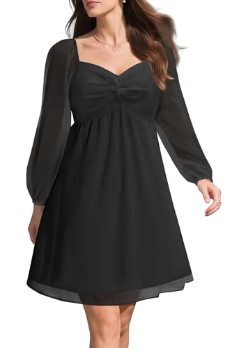 Image of Women Black Graduation Dresses Long Puff Sleeve Sweetheart Neckline Chiffon Aline Short Dress