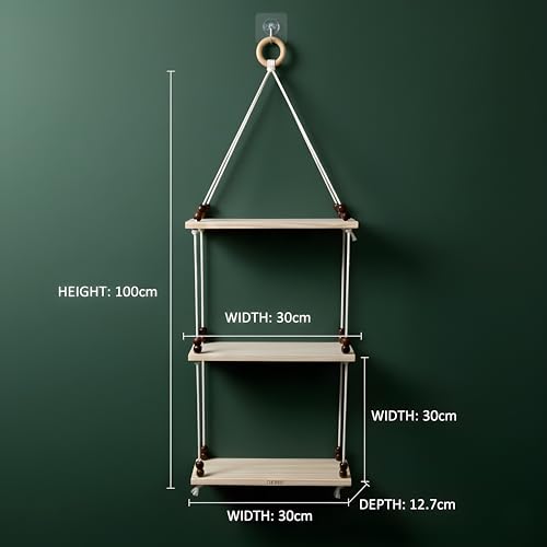 Image of 3Tier Hanging Shelf with Magic Hook, Use Decor Plants, Books, Decorative Gift Items Nursery Livingroom Wooden Beads & Ring Woven Bohemian Chic for Dorm