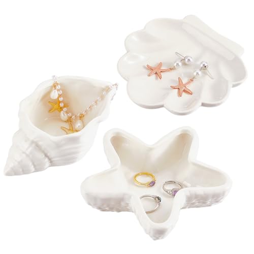 PH PandaHall 3 estilos de cerámica con forma de concha de caracola, plato decorativo de porcelana, cuenco de salsa, plato de servir aperitivos, soporte para joyas para anillos, aretes, collares