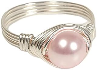 Sterling Silver Light Pink Pearl Ring with Rosaline Crystal Pearl Wire Wrapped Handmade Jewelry