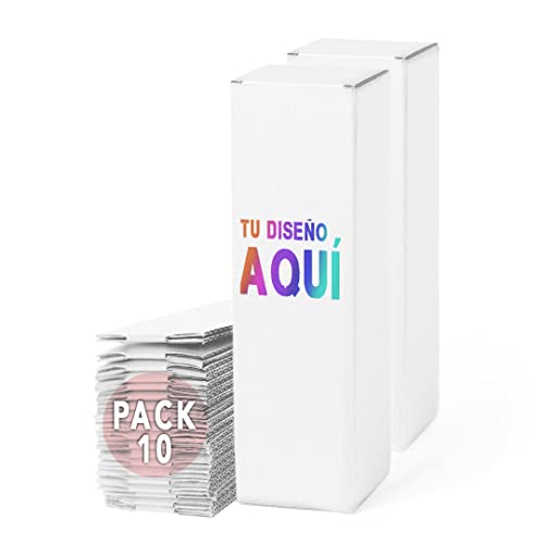 Pack 10 Cajas Blancas de Cartón Personalizadas - Logo o Frase que Elijas en el Frontal – Ideal para Botella, Termos y otros Regalos de Empresa, Navidad, Eventos – 8x26,7x8cm