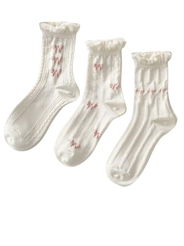 Image of SHENHE Women's 3 Pairs Knitted Crew Socks Ruffle Frilly Bow Patterned Soft Ankle Socks White One-Size