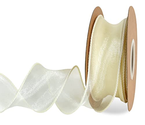 TONIFUL 1-1/2 Inch Wide Beige Cream White Wired Chiffon Ribbon Sheer Organza Ribbons for Crafts Floral Bouquets Wedding Car Party Decorations Valentine's Day Gift Wrapping Bow Making Tree Wreaths