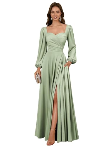 GODCUN Sage Green Satin Bridesmaid Dresses 2026 V Neck Pleated Wedding Party Dress Long Sleeve Evening Gown US 12