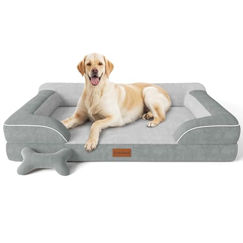 Image of CWAWZ Jumbo Dog Beds for Extra Large Dogs, Orthopedic Dog Bed with Cooling Gel Memory Foam, Waterproof Pet Bed with Removable Washable Cover, 45 inch Pet Sofa Couch Velvet with Bone Toy, Light Gray