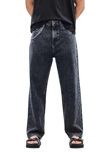 Image of SNITCH Men Casual Jeans | Acid-Washed Baggy Fit with Turned-Up Cuffs & Relaxed Wide-Leg Style | 100% Cotton Fabric for Streetwear & Winter Comfort