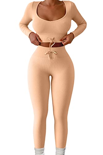 QINSEN Long Sleeve Workout Tops for Women Fitness Winter Exercise Running Shirts Yoga 2 Piece Outfits Orange L