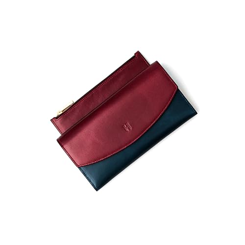 Handcrafted Full-Grain Leather Women’s Wallet, RFID Blocking, 12 Card Slots, 3 Compartments, Removable Zipper Coin Pouch, Gift Box & Pouch, Christmas & Birthday, Burgundy-Navy Blue