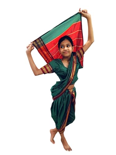Image of BookMyCostume Traditional Marathi Dress for Girls|Dark Green Nauvari Saree for Kids with Blouse|Fisherwoman Costume for Kids|Indian Cultural State Dress| 7-8 Years