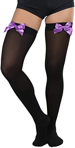 Image of ToBeInStyle Women's Opaque Long Thigh High Stockings w /Decorative Front Satin Bow