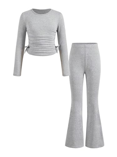 Image of Floerns Girl's Two Piece Outfit Bowknot Knit Tee Shirt with Flare Leg Pants Set