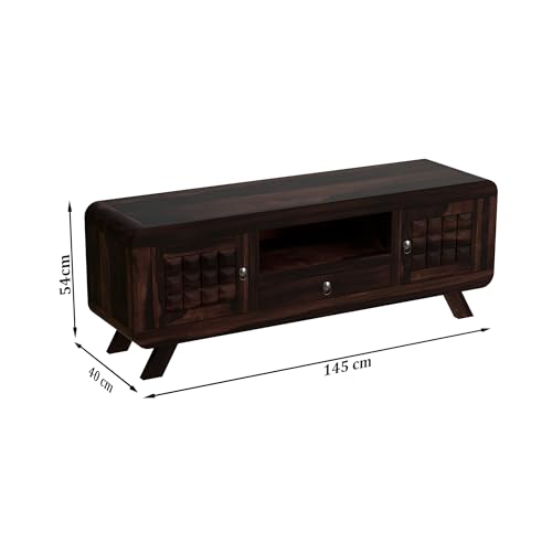 Image of Sheesham Wood Entertainment Tv Unit for Living Room | Free Standing Media Console Movable Tv Cabinet Sideboard | Tv Table Side Board with 2 Doors, 1 Drawer & Open Shelf Storage | Walnut