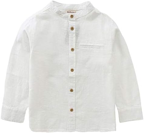 MOMOLAND Boys Long Sleeve Mandarin Collar Woven Button Down Shirt Linen Design White Blue (6Y, Off White)