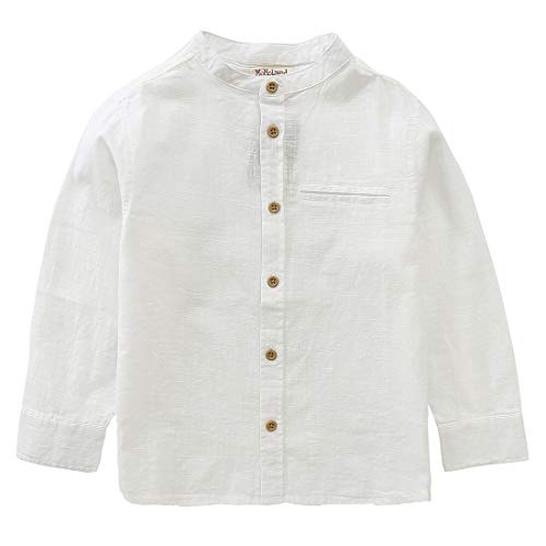 Momoland Boys Long Sleeve Mandarin Collar Woven Button Down Shirt Linen Design White Blue (6Y, Off White) #TOP10