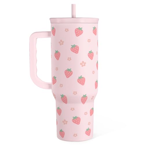 Image of SANDJEST Strawberry Tumbler with Handle 40oz - Insulated Stainless Steel Travel Coffee Mug Cup for Girls Women, Gift for Christmas, Birthday