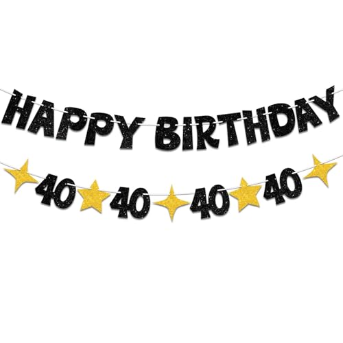 JNXCYQ Black Gold Happy 40th Birthday Banner-Happy 40th Birthday Decorations for Men Women Glitte 40 Birthday Party Decor Sign 40th Birthday Party Supplies