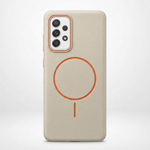 Image of amazon basics Luxury MagSafe Compatible Leather Texture Back Cover for Samsung Galaxy A73 5G | Raised Camera Protection | Slim Fit Shockproof Case with Metallic Accents (White)