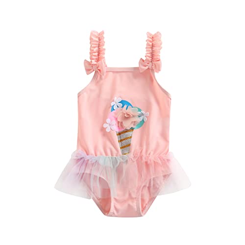 Toddler Baby Girl One Piece Swimsuit Ice Cream Ruffle Tutu Swimwear Bathing Suit Beachwear (Pink, 12-18 Months)
