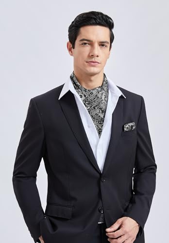 Image of HISDERN Ascot Ties for Men Paisley Floral Ascot and Pocket Square Set Classic Self Tie Mens Cravat Handkerchief for Wedding