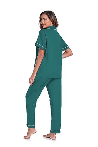 Image of COLORFULLEAF Women's 100% Cotton Pajamas Set Button Down Sleepwear Short Sleeve Shirt and Long Pants Soft Ladies Lounge Sets
