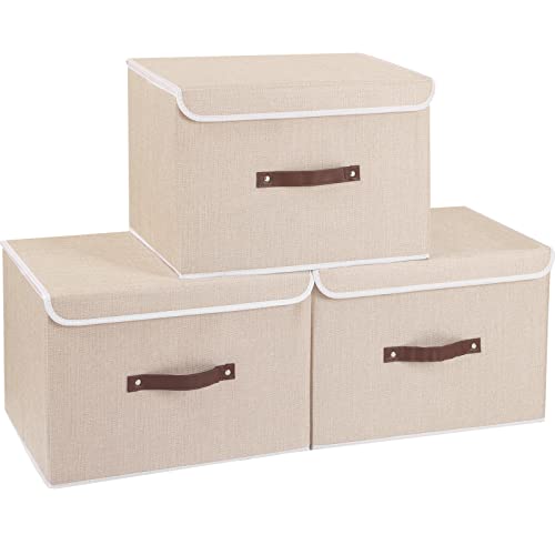 Yawinhe Collapsible Storage Boxes With Lids Fabric Foldable Storage Bins Organizer Containers Baskets With Lid For Home Bedroom Closet Office (Beige, 15.0X9.8X9.8Inch/3-Pack) #TOP9