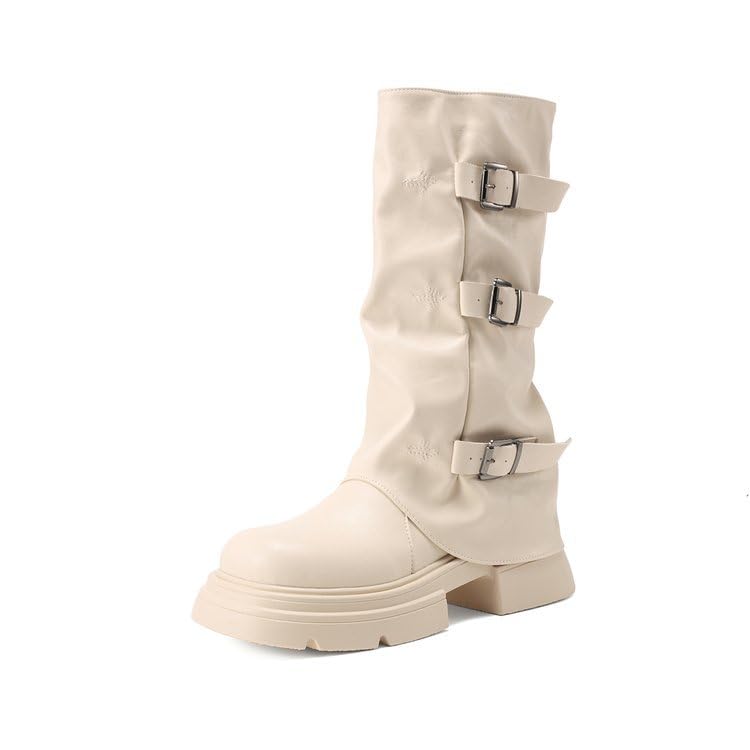 Womens Fold Over Mid Calf Boots Slouchy Pleated Platform Round Toe Moto Riding Chunky Stacked Boots with Buckle