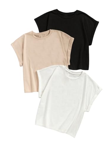 WDIRARA Girl's 3 Piece Short Sleeve Round Neck T-Shirt Basic Solid Casual Tee Shirt Crop Tops