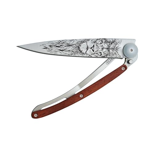 deejo - Ultra-Light Folding Pocket Knife with Belt Clip - 1.3 oz Coral Wood Version - Thin and Sharp Blade - Lion Pattern - Stainless Steel - Elegant and Modern Design