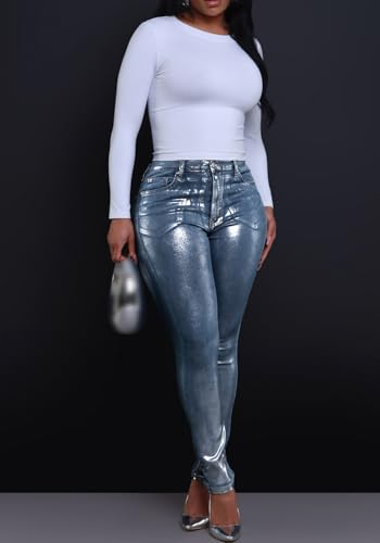 LKOUS Women's High Waist Stretchy Skinny Metallic Silver Jeans, Sexy Sparkly Slim Fit Denim Pants with Pockets4