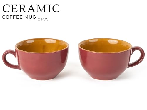 Image of Bodhi House Ceramic Coffee Wide Large Mug with Handle - Set of 2, 350Ml Glossy Finish | Bone Ash Free & Microwave Safe | for Cappuccino, Latte, Green Tea - Burgundy