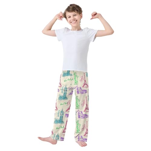 London Paris City Boys Long Pants Soft Trousers Elastic Waist Kids Lounge Bottoms with Pockets S-XL2