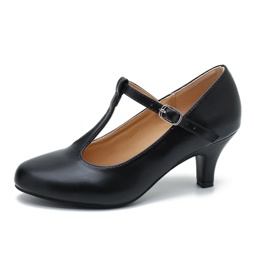 Women's Pumps Low Kitten Heels Mary Jane Retro T-Strap Comfortable Office Work Dress Shoes