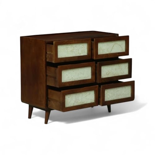 Image of Solid Wood Concerto Chest of Drawers | Wooden Storage Dresser with 6 Drawers | Finish Walnut Brown and Concrete