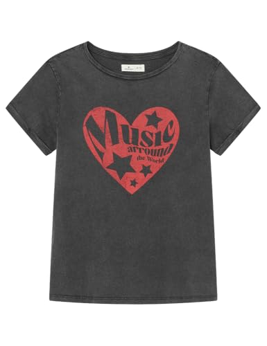 Springfield Camiseta de Manga Corta Acid Heart Print gráfica algodón Vuelta, Carbón, M para Mujer
