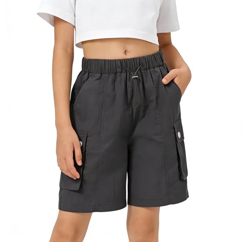 Image of Rolanko Girls Cargo Shorts Lightweight Parachute Short Pants with Pockets Summer Cargo Shorts for Kids Casual Hiking Sports