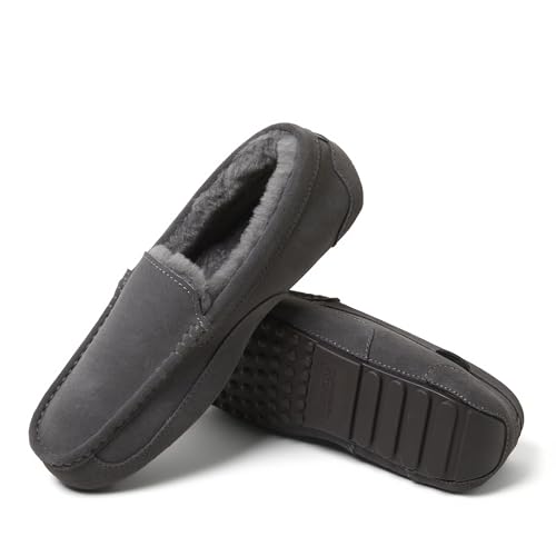 Image of Fireside By Dearfoams Men's Melbourne Genuine Shearling Moccasin Slippers, Memory Foam Sudede Loafers Slip-in House Shoes